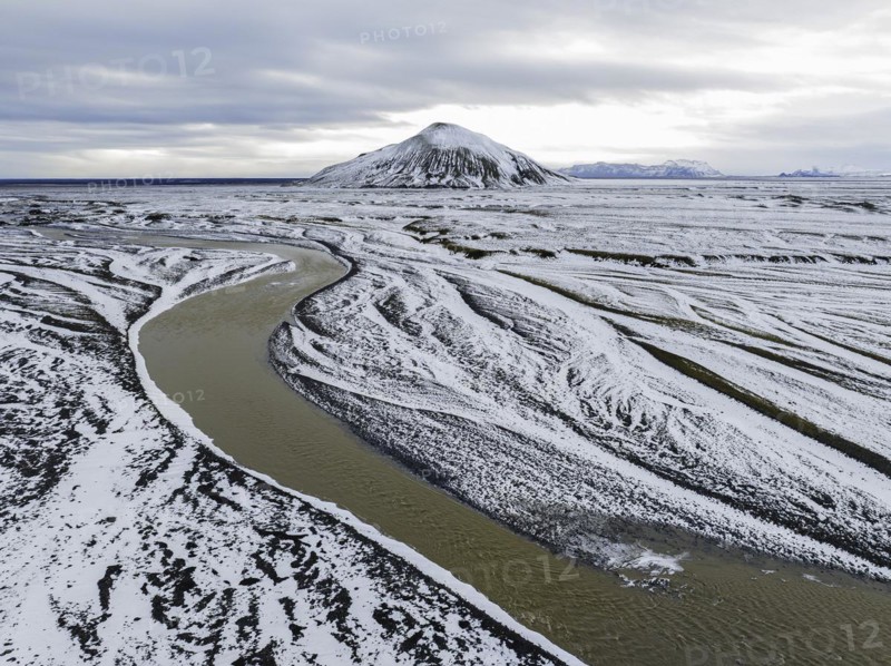 Overgrown river landscape, onset of winter, volcanic hills, Fjallabak Nature Reserve, drone shot, Sudurland, Iceland, Europe