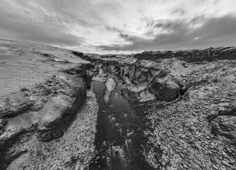 Hrauneyjarfoss waterfalls, drone image, black and white image, Sudurland, Iceland, Europe