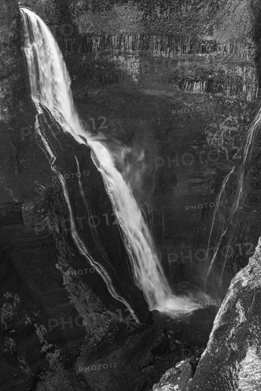 Foaming Halfoss waterfall, black and white photo, Sudurland, Iceland, Europe