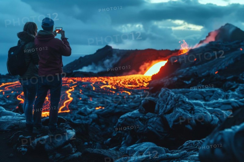Tourists, onlookers photograph a spectacular volcanic landscape with liquid, partially cooled lava flows with their smartphones, symbolic image for volcano tourism, disaster tourism, travel trends and the associated dangers, AI generated, AI generated, AI generated