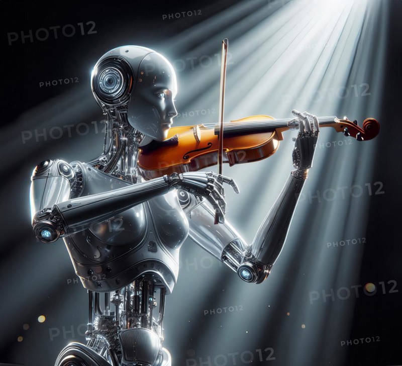 A humanoid robot stands in a concert hall and plays classical music with a violin, symbolic image cybernetics, science fiction, technology, art AI generated, AI generated