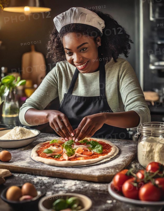 Artisan pizza maker making a rustic pizza, ingredients, kitchen, AI generated, AI generated