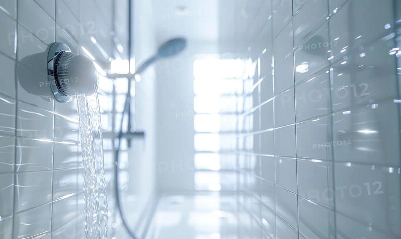 Stream of water running from a showerhead in a bright, modern bathroom AI generated