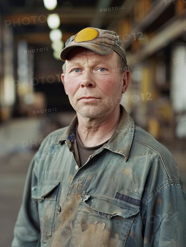 Tired worker in dirty uniform and hardhat in an industrial environment, AI generated