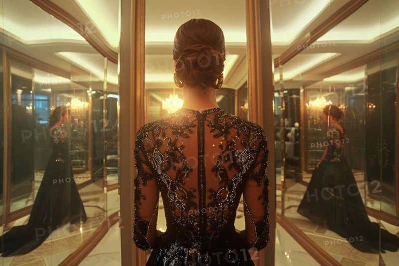 Woman in an elegant black dress viewed from behind, reflected in the grand mirrors of a luxurious space, AI generated