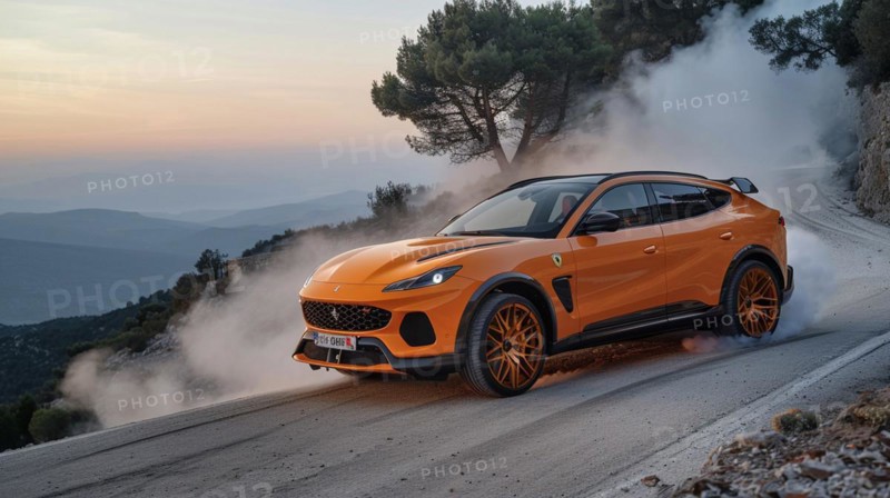 A vibrant orange suv sporty car expensive speeds down a mountain road with dust behind it, AI generated