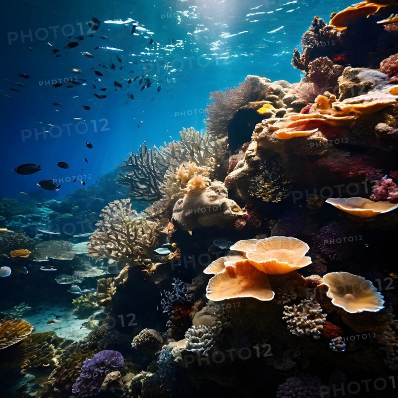 Coral reef juxtaposing patches of bleached coral with vivid marine life, AI generated