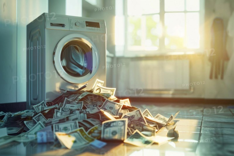 A mountain of banknotes lying in front of a washing machine, symbolising money laundering, illegally generated money, AI generated, AI generated, AI generated