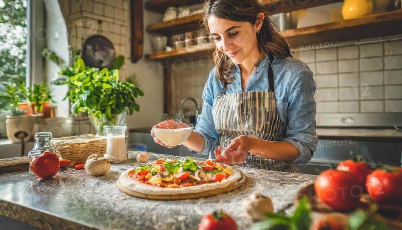 Artisan pizza chef preparing a pizza, ingredients, kitchen, AI generated, AI generated