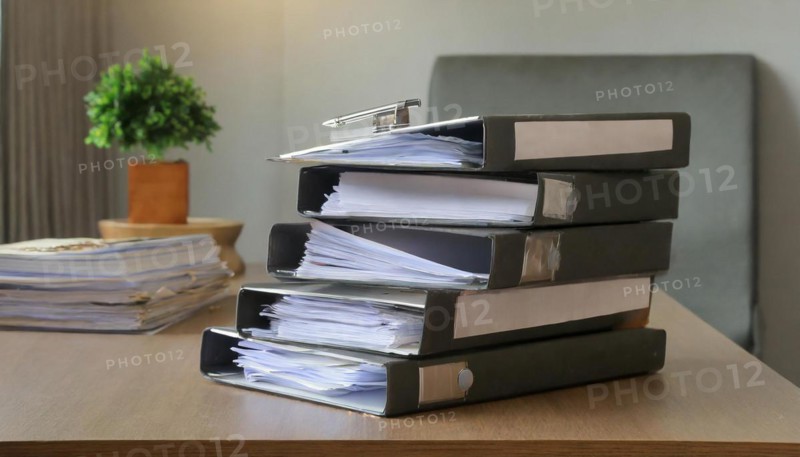 A pile of folders and documents organised on a desk in the office, symbolism bureaucracy, AI generated, AI generated