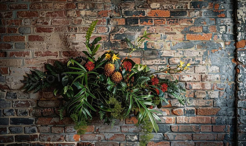 Colorful flowers arranged against an old brick wall, bringing life to the scene AI generated