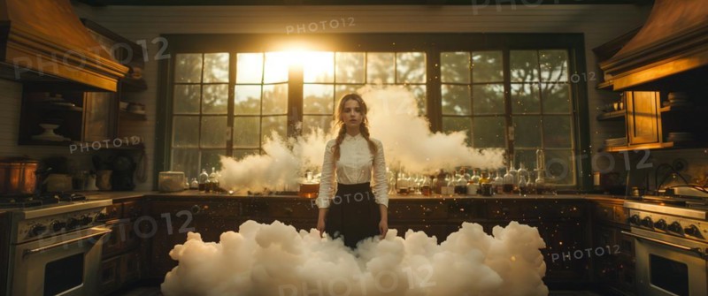 Woman contemplatively standing in a steaming dark lab with dramatic backlit windows, AI generated