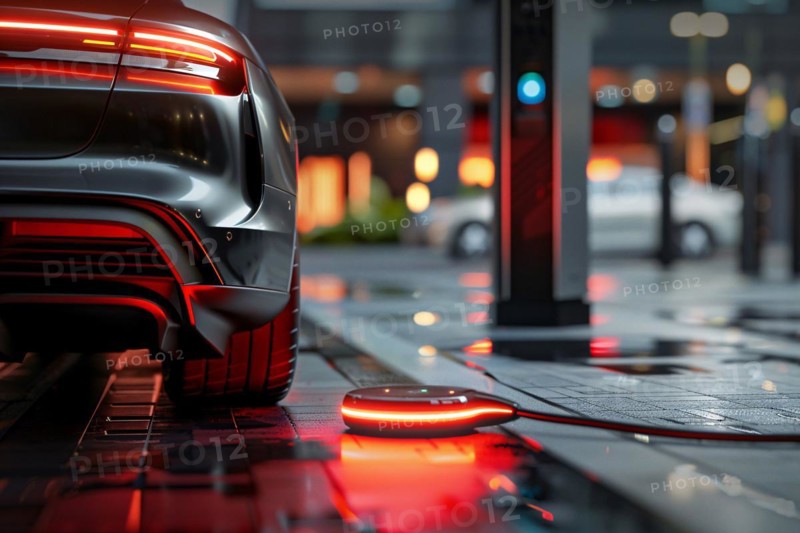 Rear of a car with glowing red lights parked on a reflective wet urban street at night, AI generated
