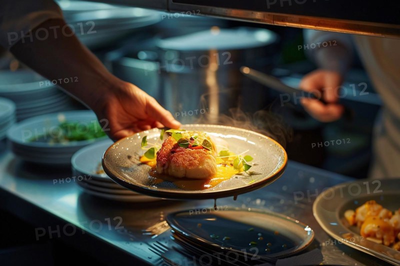 Chef plating a gourmet dish in a restaurant with focused lighting, AI generated