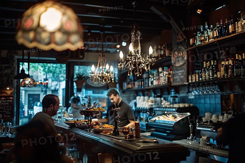 A cozy bar scene with dim lighting and chandeliers, bartender attending to drinks, AI generated