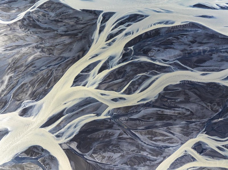 Overgrown river landscape, drone shot, Sudurland, Iceland, Europe