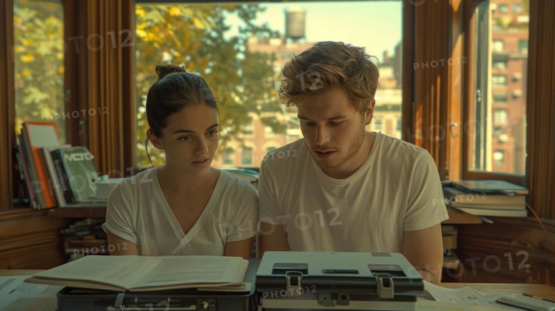 A young man and woman studying together with a vintage typewriter and books around, AI generated