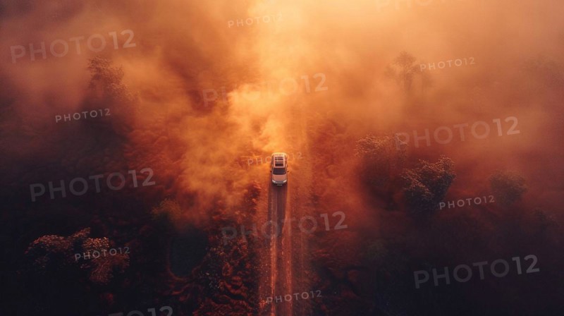 A car driving through a dense, surreal forest haze caused by a nearby fire under an orange sky, drone aerial view, follow mode, AI generated