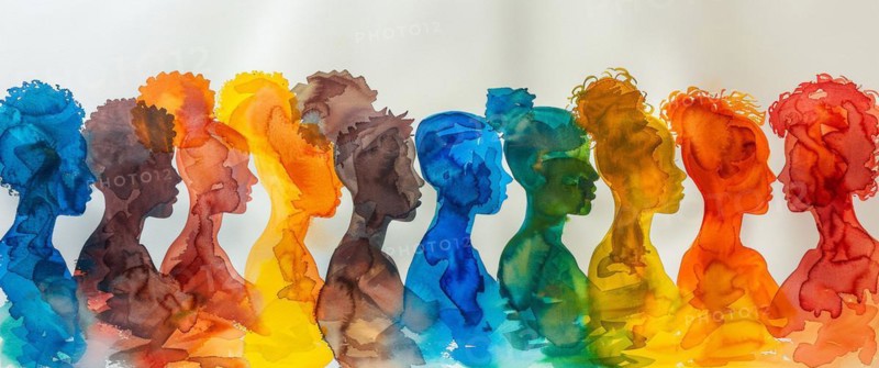 A watercolor gradient of multiple silhouettes from blue to red representing diversity, banner 3:1 wide style, horizontal aspect ratio, AI generated