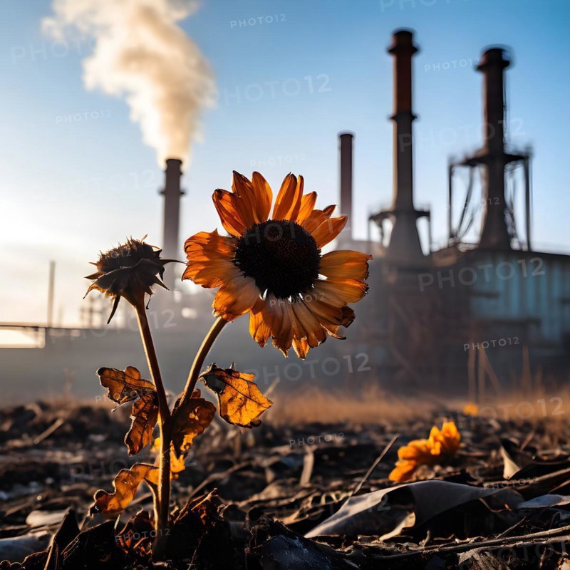 Wilted flower against a backdrop of industrial smokestacks, AI generated