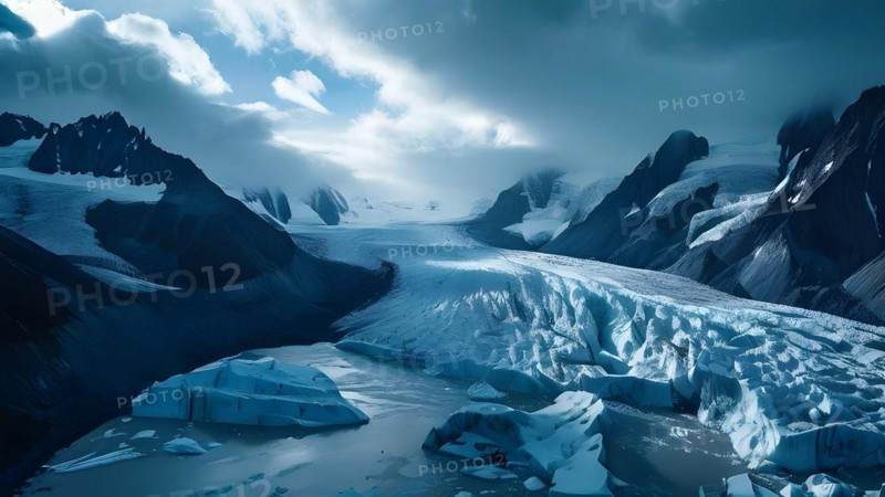 Glacier fractures embracing the deep crevasses indicative of rapid melting under a subdued sky, AI generated