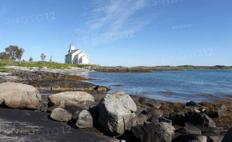 Lonely church on the beach near Leknes on the Lofoten Islands, Norway, Scandinavia, Europe