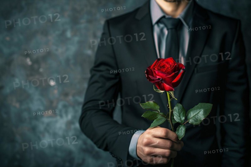 Man in elegant black suit holding romantic single red rose in front of dark studio background. KI generiert, generiert, AI generated