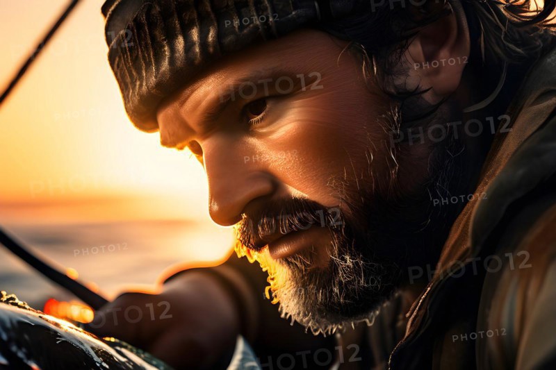 Fisherman meticulously sorting through catch separating valuable fish discarding bycatch, AI generated, deep sea, fish, squid, bioluminescent, glowing, light, water, ocean