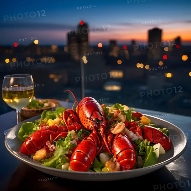 Gourmet lobster salad on a rooftop restaurant table city skyline backdrop, AI generated