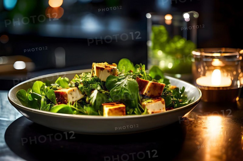 Savory tofu and greens salad showcased on a polished bar counter in neon lights, AI generated