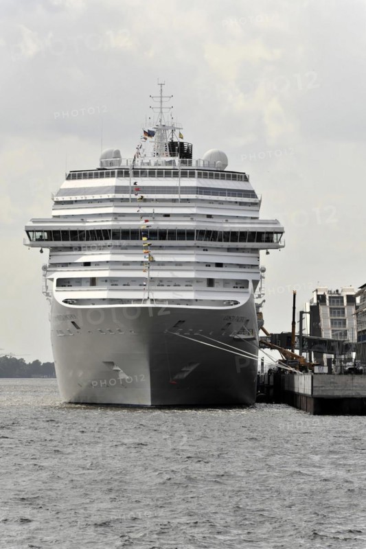 COSTA PACIFICA, Docked cruise ship on the waterfront under dark clouds, Hamburg, Hanseatic City of Hamburg, Germany, Europe