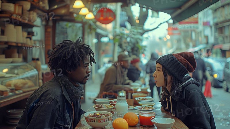 Two friends in cold weather attire having a serious discussion at an urban cafe sit outdoors, AI generated