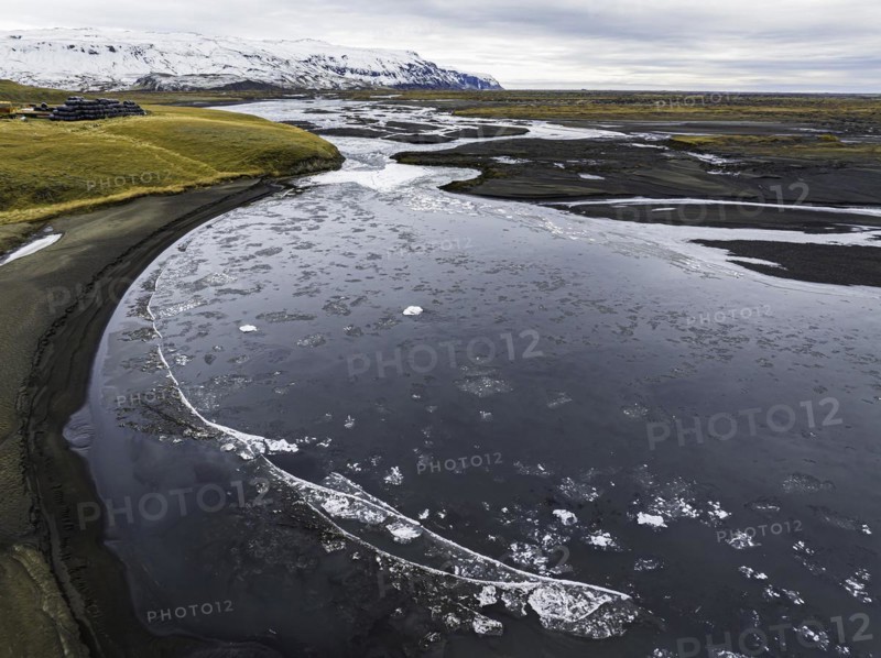 Overgrown river landscape, Fjallabak Nature Reserve, drone shot, Sudurland, Iceland, Europe