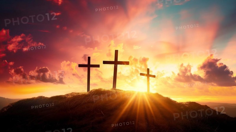 Easter concept three crosses on Golgotha Calvary hill against a dramatic sunset, AI generated