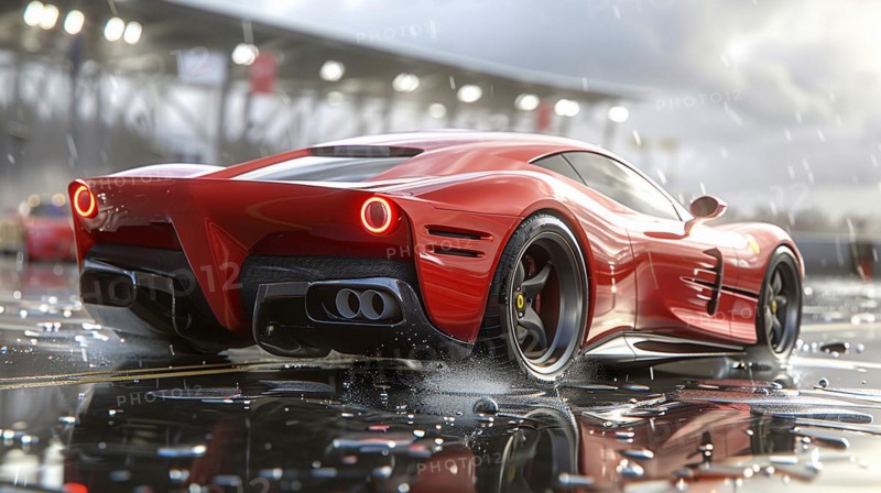 A red supercar glistens on a reflective surface in the rain, showcasing luxury and performance, AI generated