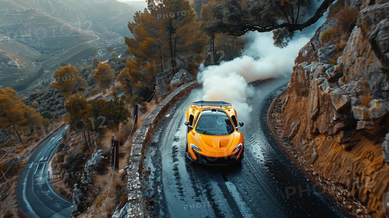 Yellow car racing along a winding cliffside road with smoke trailing behind, AI generated