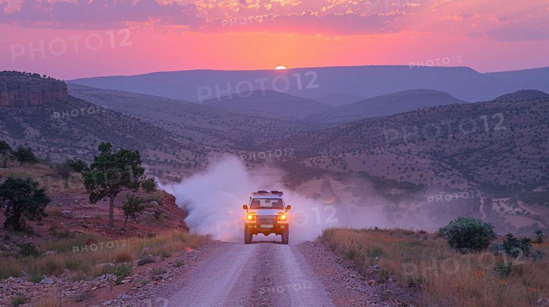 A 4x4 vehicle on a dusty road in the hills at sunset with a pink sky above, action sports photography, AI generated