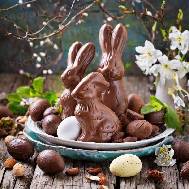 Chocolate Easter bunny with eggs and nuts on a rustic wooden table, Easter symbol, AI generated, AI generated