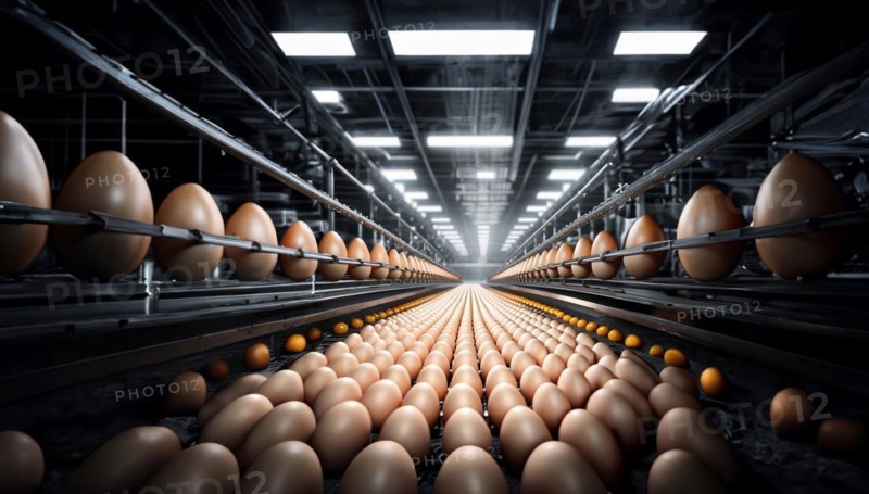 Egg production in a factory, eggs on a conveyor belt, AI generated