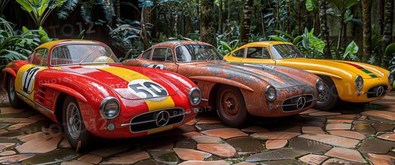 Three vintage Mercedes cars in colorful paints surrounded by a lush green environment, AI generated