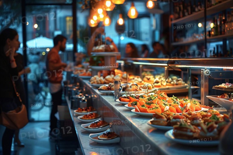 People socializing around a vibrant display of tapas in a cozy bar setting, AI generated