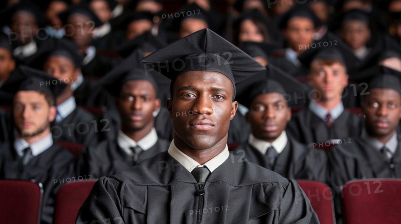 A serious looking black male graduate in cap and gown at a graduation ceremony, AI generated