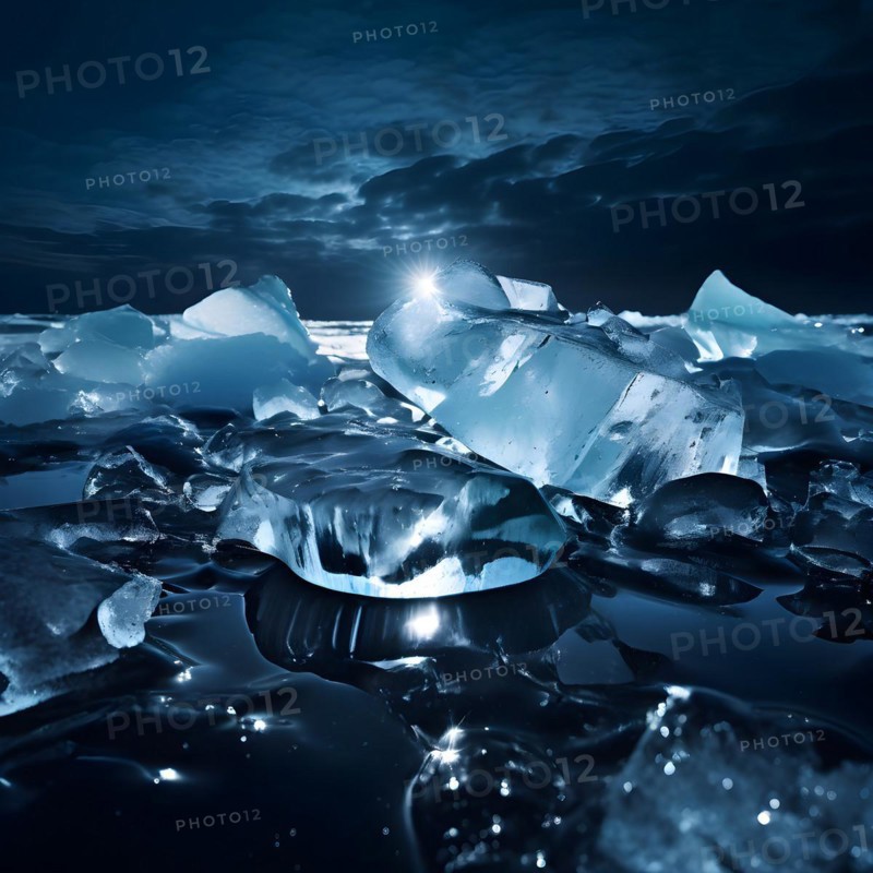 Ice chunks floating in dark oil slicked water showing the impact of oil spills on polar regions, AI generated