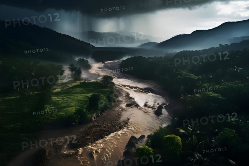 Heavy rainfall pouring on an already saturated ground leading to mudslides captured in a stormy twilight, AI generated
