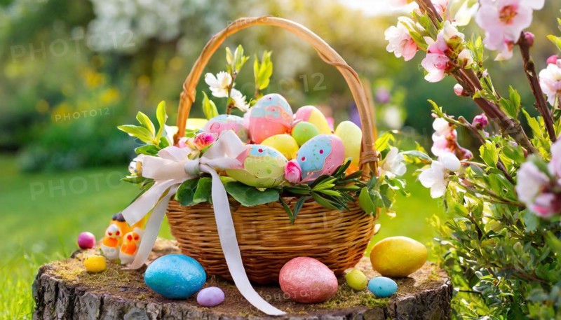An Easter basket with colourful eggs and decorations stands in the sunny spring garden, symbol of Easter, KI generated, AI generated