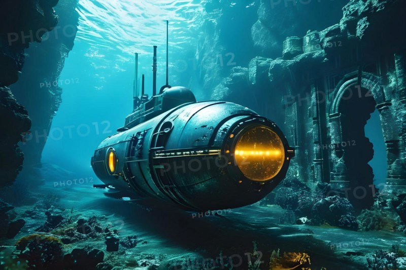 Deep sea submersible bathed in artificial light navigates through murky waters, AI generated, deep sea, fish, squid, bioluminescent, glowing, light, water, ocean
