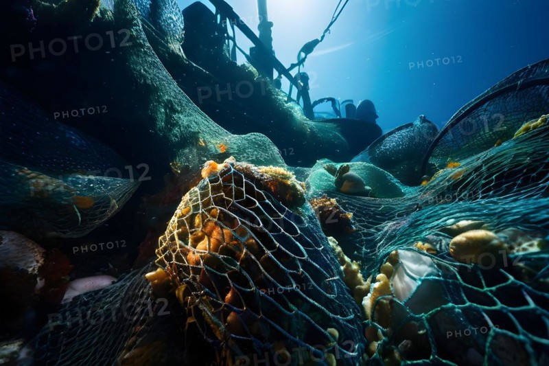 Trawl net overflowing with a diverse mix of marine life, AI generated