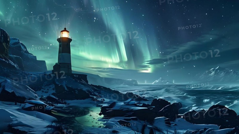 Lighthouse standing on a snow covered coast with aurora borealis dancing in the night sky, AI generated