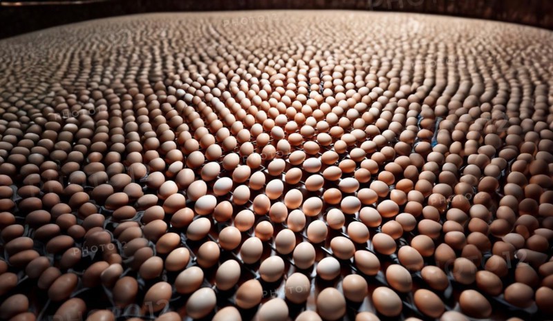 Egg production in a factory, eggs on a conveyor belt, AI generated
