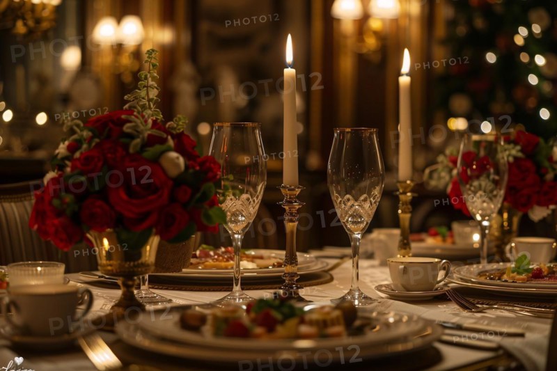 An elegant candlelight dinner setup with crystal glassware and festive decorations, AI generated